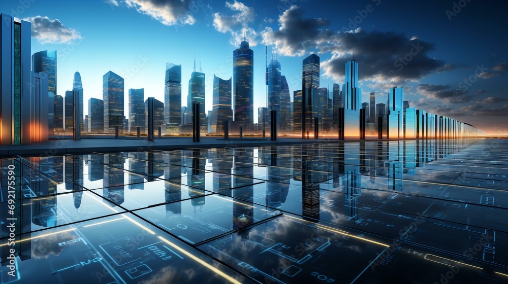 Futuristic Cityscape Reflecting on Glossy Ground at Sunset with Skyscrapers Reaching Skyward