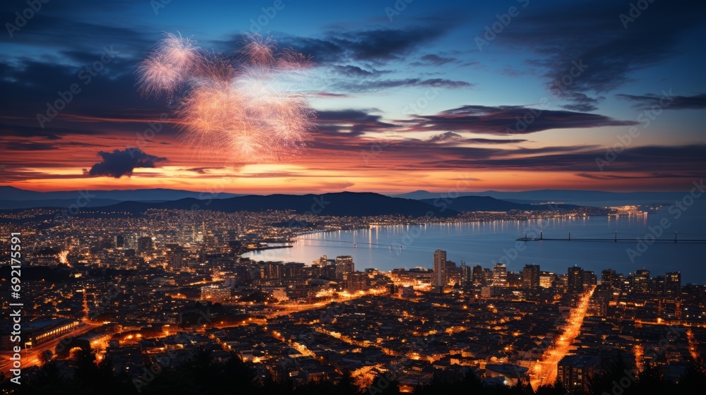 
Multi-colored fireworks over the city, the evening sky over the metropolis, bright sparks reflected in the calm waters of the bay, decorative lights. Concept: pyrotechnics for events