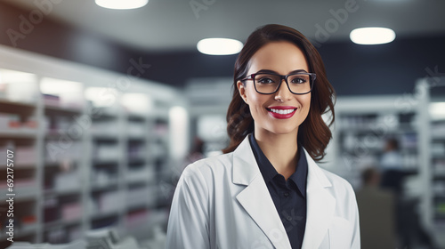 Smiling female pharmacist in drugstore store Generative AI