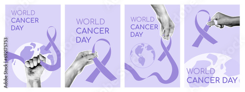 World Cancer day banner templates set with halftone hands holding purple ribbons. Minimalist background with collage elements for mixed media design. Modern retro vector illustration