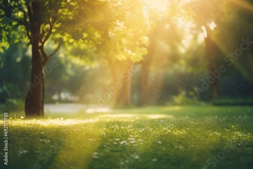 An abstract background with a blurry nature scene of a green park, featuring sun rays and bokeh effects #692175765
