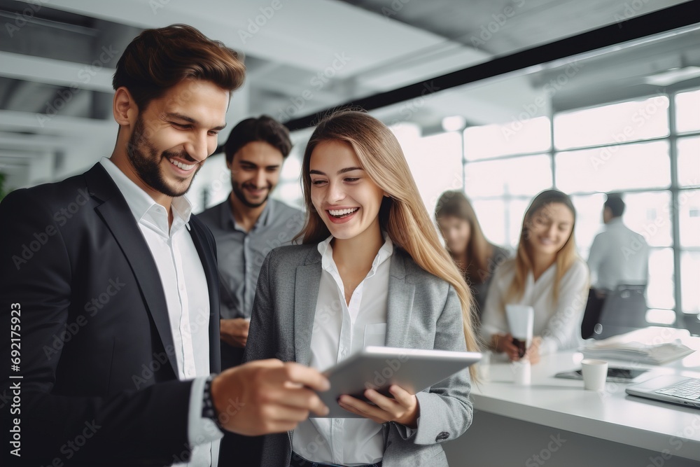 Meeting positive people business partners a woman in a jacket consultant uses a tablet company employee managers communicate meeting in the office Meeting positive people business partners a woman in a jacket consultant uses a tablet company employee managers communicate meeting in the office