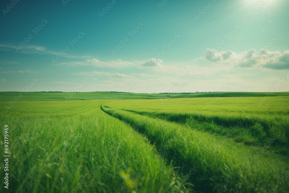 Attractive Beautiful panoramic natural landscape of a green field with grass against a blue sky with sun. Spring summer blurred background photo shot