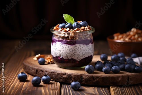 Chia pudding with blueberry and granola in glass on wooden table
