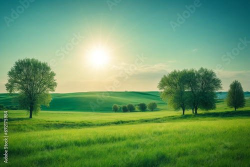 Attractive Beautiful panoramic natural landscape of a green field with grass against a blue sky with sun. Spring summer blurred background photo shot