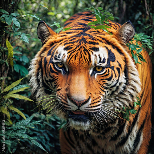 A Majestic Tiger Strolling Through a Lush Green Forest
