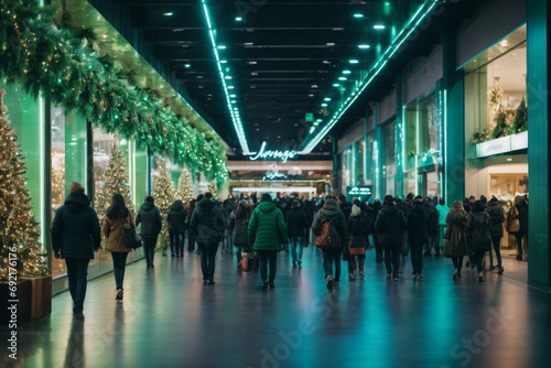 Crowd of People walking in the side of shopping mall. Christmas and New Year concept. Christmas decorations in the shopping center neon green and blue vibes