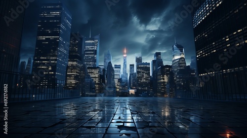 Dusk Descends on the City: Reflective Wet Ground Illuminates Skyscrapers Under a Moody Sky photo