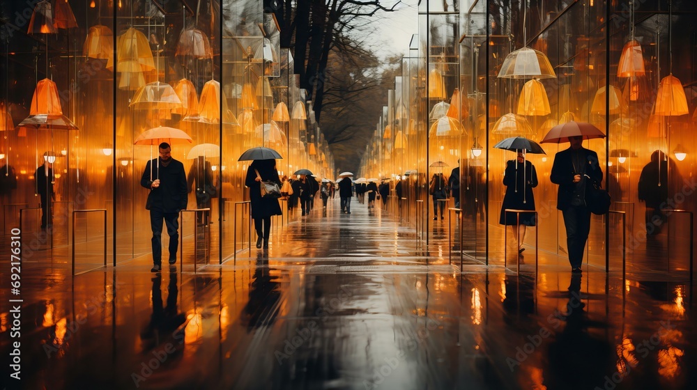 Reflective Evening Promenade: Illuminated Umbrellas Float Above People Walking in Autumnal Rain