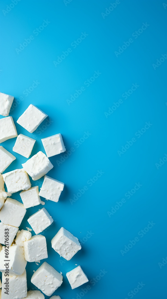 Pieces of feta cheese on blue background. Copy space. Pieces of feta cheese on blue background. Copy space.