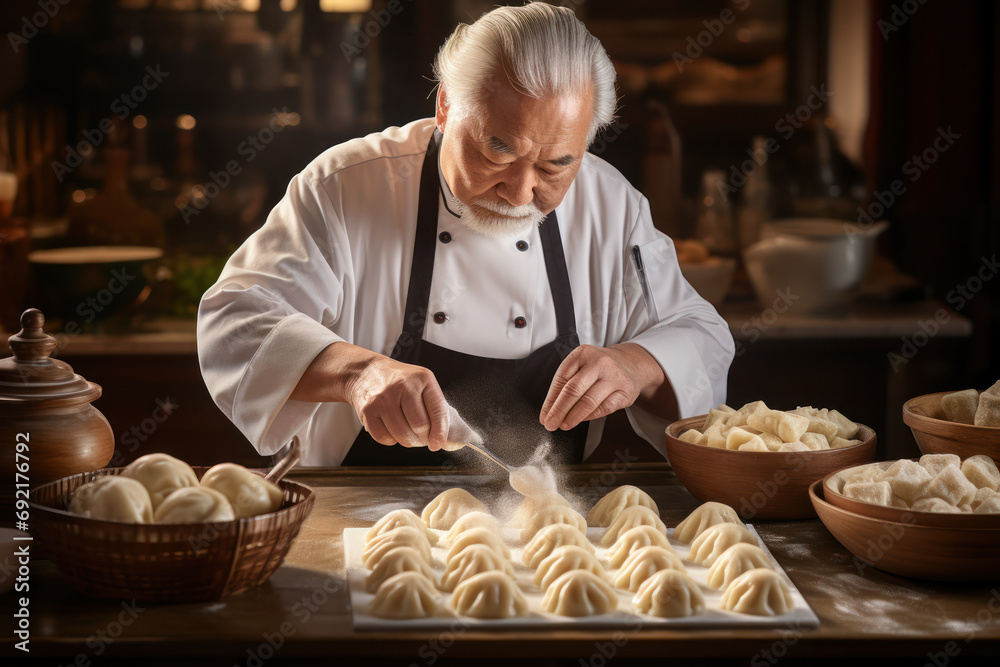 A chef's hands crafting delicate dim sum dumplings, highlighting the craftsmanship and heritage behind this Chinese culinary art. Generative Ai. A chef's hands crafting delicate dim sum dumplings, highlighting the craftsmanship and heritage behind this Chinese culinary art. Generative Ai.