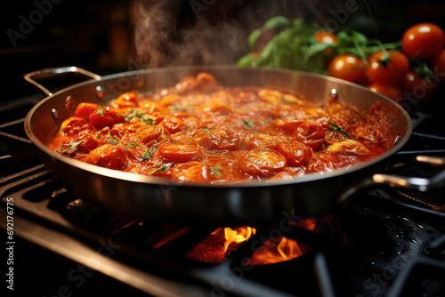 A close-up of a bubbling pot of tomato sauce simmering on the stove  capturing the essence of home-cooked Italian pasta. Generative Ai.