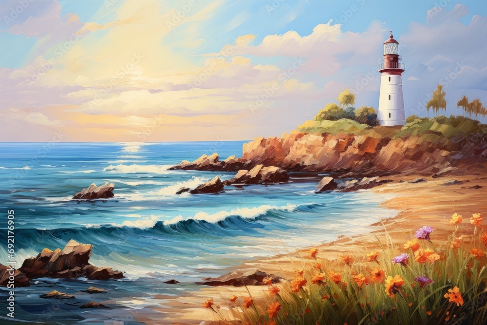 Panoramic Lighthouse Seascape Oil Painting - Wall Art - Poster - Printable - Print - Wallpaper - Background - Artwork 