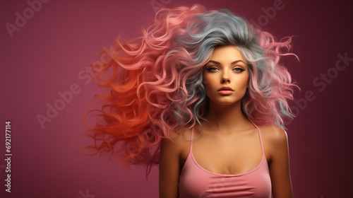 Beautiful woman with multi-colored hair and creative make up and hairstyle. Beauty face.