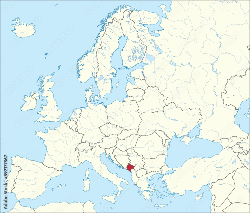 Naklejka premium Red CMYK national map of MONTENEGRO inside detailed beige blank political map of European continent with rivers and lakes on blue background using Mercator projection