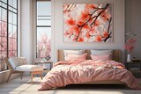 A modern bedroom designed in soft peach fuzz tones, equipped with a large window with a view. Minimalistic home interior