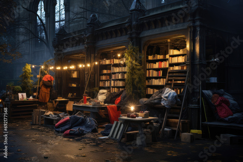 A local library offering resources and shelter to the homeless during extreme weather conditions, illustrating the crucial role of public institutions. Generative Ai.