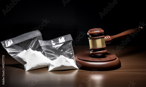 Cocaine and Judge hammer in Courtroom. Judge gavel in court. Legal Justice. Sentence to criminal for drug offense. Drug Laws. Judgment life sentence in prison. Mallet of federal judge, judge's gavel