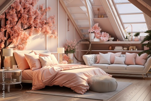 A modern bedroom designed in soft peach fuzz tones, equipped with a large window with a view. Minimalistic home interior photo