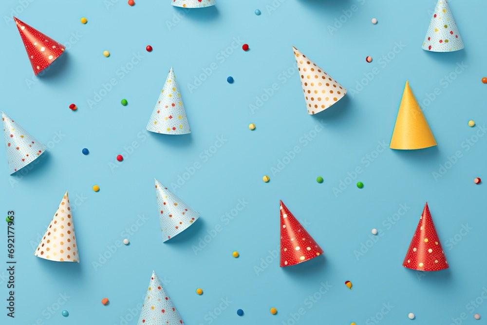 Colorful birthday caps on blue background Colorful birthday caps on blue background