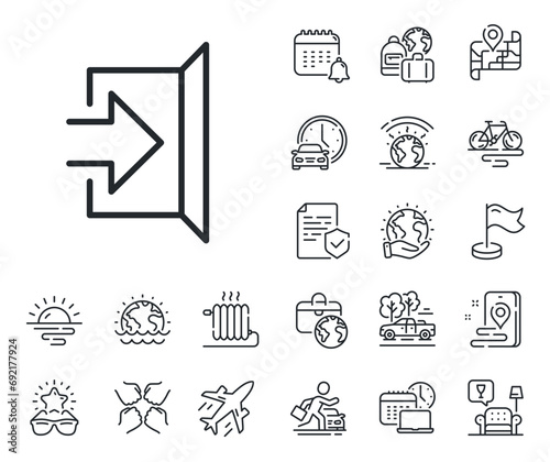 Open door sign. Plane jet, travel map and baggage claim outline icons. Exit line icon. Entrance symbol with arrow. Exit line sign. Car rental, taxi transport icon. Place location. Vector