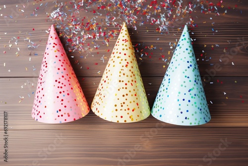 Colorful birthday caps with confetti on wooden background
