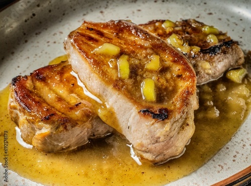 pan-seared pork chops wearing apple sauce sheen under a spotlight photo