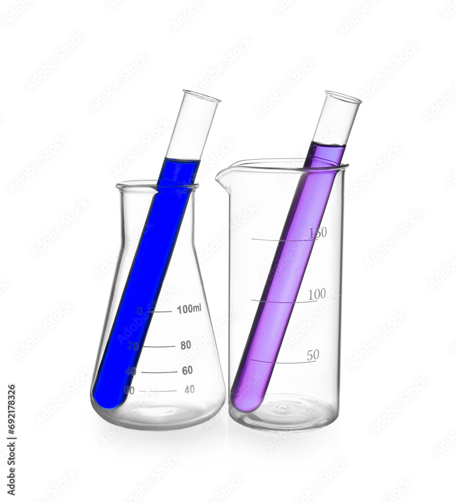Glass flask, beaker and test tubes with colorful liquids isolated on white