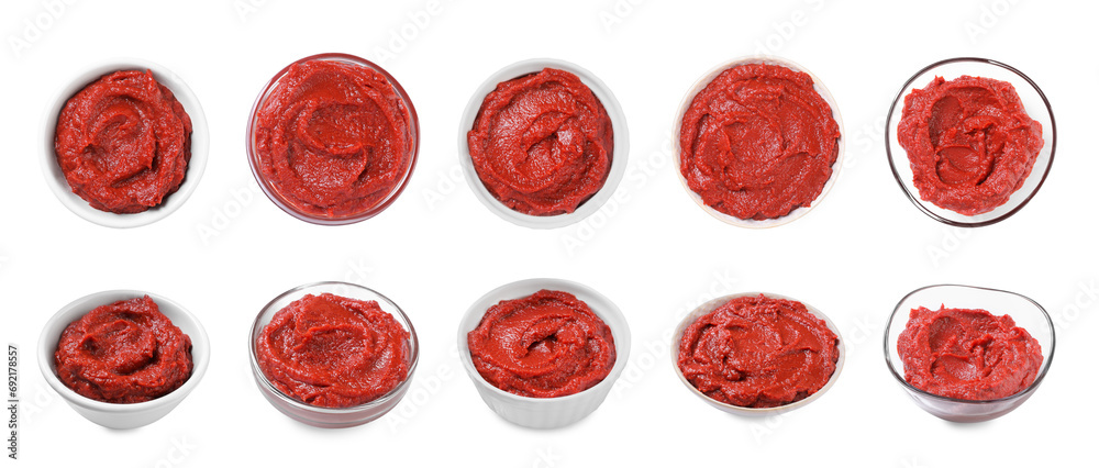 Tasty tomato paste in bowls on white background, set with top and side views