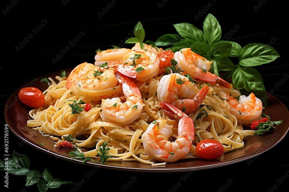 Enjoying the Sea: Gourmet shrimp and linguine presented in mouth-watering food photography. The photography seduces with mouth-watering appeal, rich colors and delightful detail.