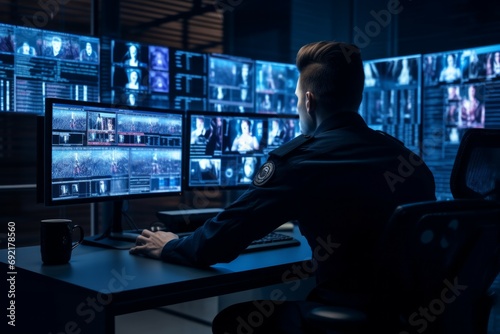 Security guards monitoring modern CCTV cameras indoors photo