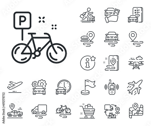 Bicycle parking sign. Plane, supply chain and place location outline icons. Bike line icon. Urban traffic symbol. Bike line sign. Taxi transport, rent a bike icon. Travel map. Delivery truck. Vector