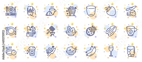 Outline set of Mint bag, Food app and Vegetables cart line icons for web app. Include Pizza, Potato chips, Pecan nut pictogram icons. Strawberry, Salad, Vegetable signs. Coffee delivery. Vector
