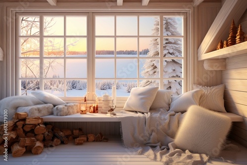 Scandinavian living room illustration. warmth at comfortable home. Winter outside in windows