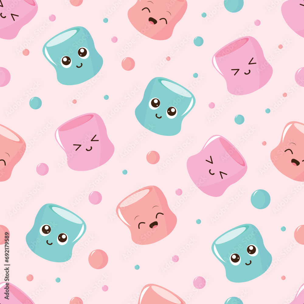Seamless pattern with cartoon marshmallows. Vector character design.