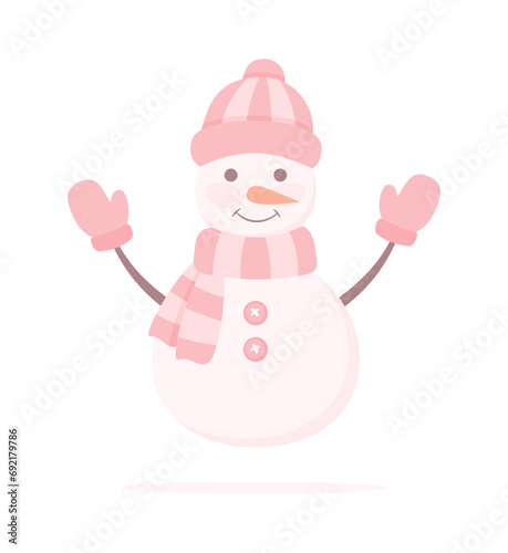 Cute smiling snowman in hat, scarf and mittens isolated on a white background. Flat vector illustration in pastel pink colors