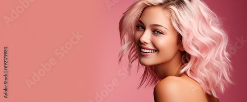 Beautiful blonde woman smiles against a pink background