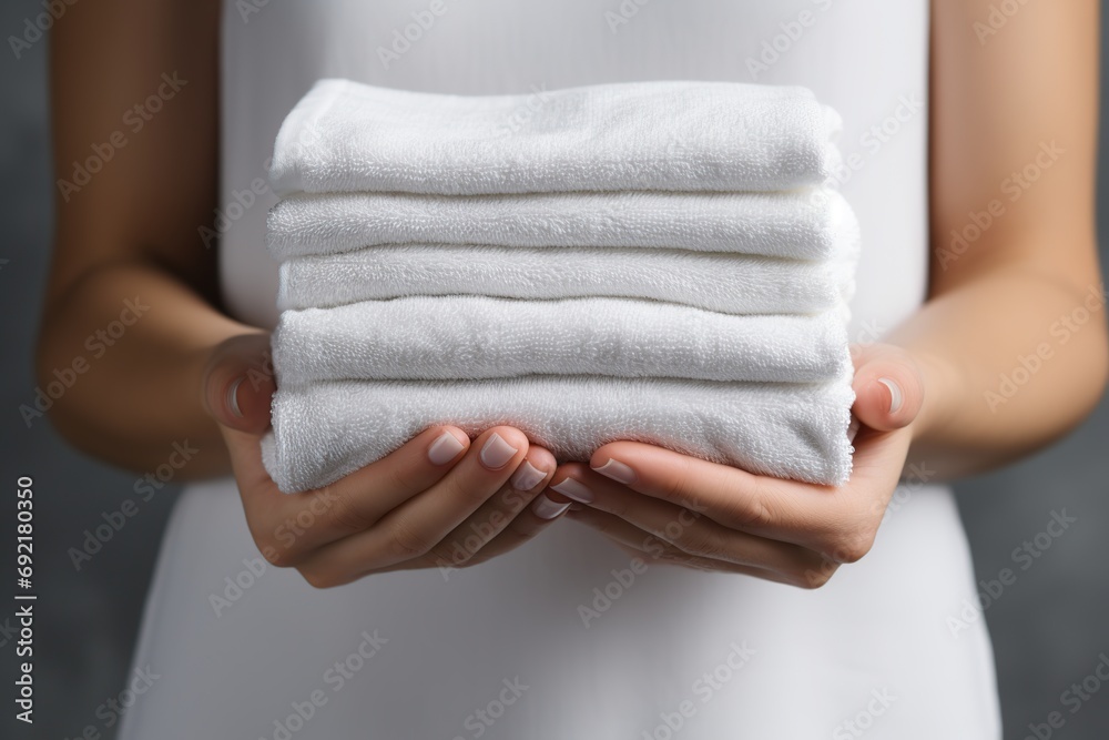 Stack of white folded towels in female hands Stack of white folded towels in female hands
