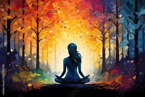 Woman doing yoga in the forest with colored trees.