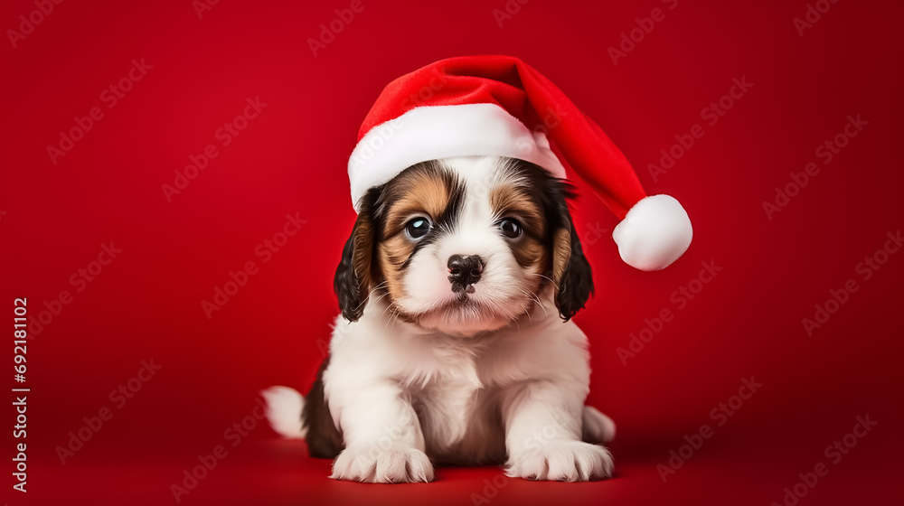 Cute happy puppy wearing santa hat on red isolated background.