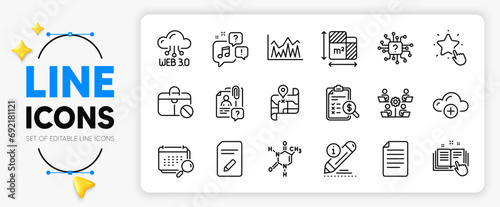 Jobless, File and Teamwork line icons set for app include Edit document, Calendar, Chemical formula outline thin icon. Technical documentation, Investment. Yellow 3d stars with cursor. Vector