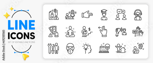 Search employee, Idea and Cyber attack line icons set for app include Electronic thermometer, Repairman, People voting outline thin icon. Click hand, Podcast, New house pictogram icon. Vector
