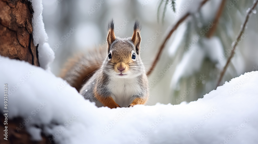 Cute fluffy squirrel sits on a branch in a snowy winter forest.