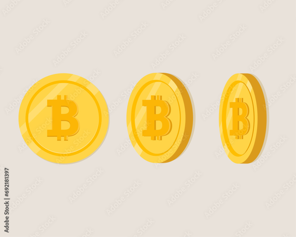 Set of gold bitcoin coins. Rotating golden bitcoin coins. BTC icon vector design. Crypto currency golden bitcoin. Set of gold bitcoin coins. Rotating golden bitcoin coins. BTC icon vector design. Crypto currency golden bitcoin.