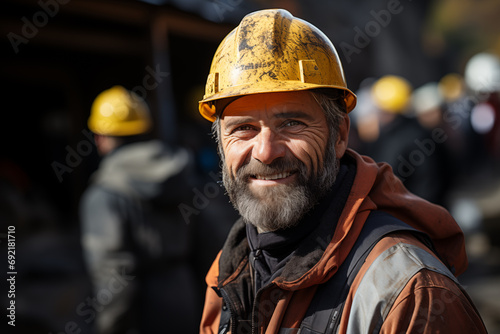 portrait of a man worker in a hard hat on a blurred industrial background