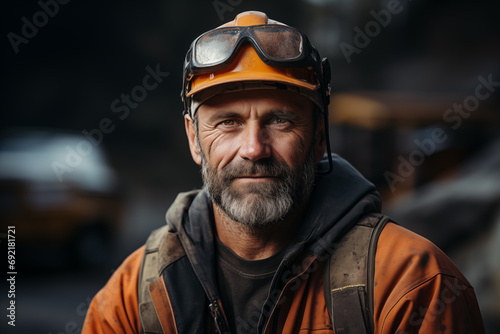 portrait of a man worker in a hard hat on a blurred industrial background © Evgeny