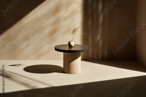 Wooden podium for product presentation in the light of the sun