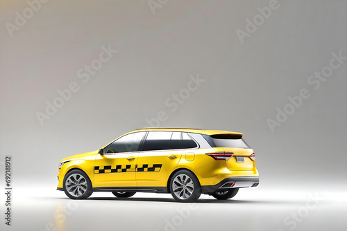 Yellow modern taxi car model isolated on white background. Yellow city car with blank surface for your creative design. cut out. Side view. nobody. mockup. Generative ai