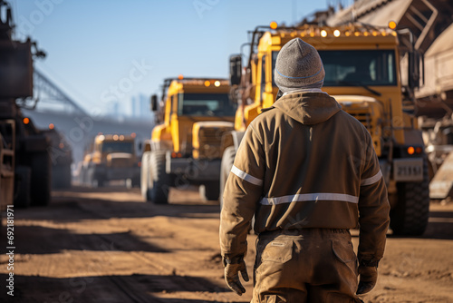 road worker or driver stands with his back against the background of heavy equipment