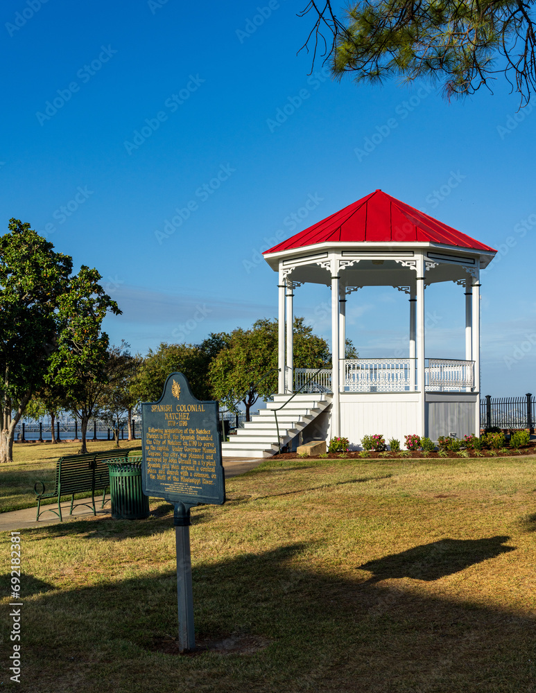 Grounds of park with bandstand in cityscape of Natchez in Mississippi